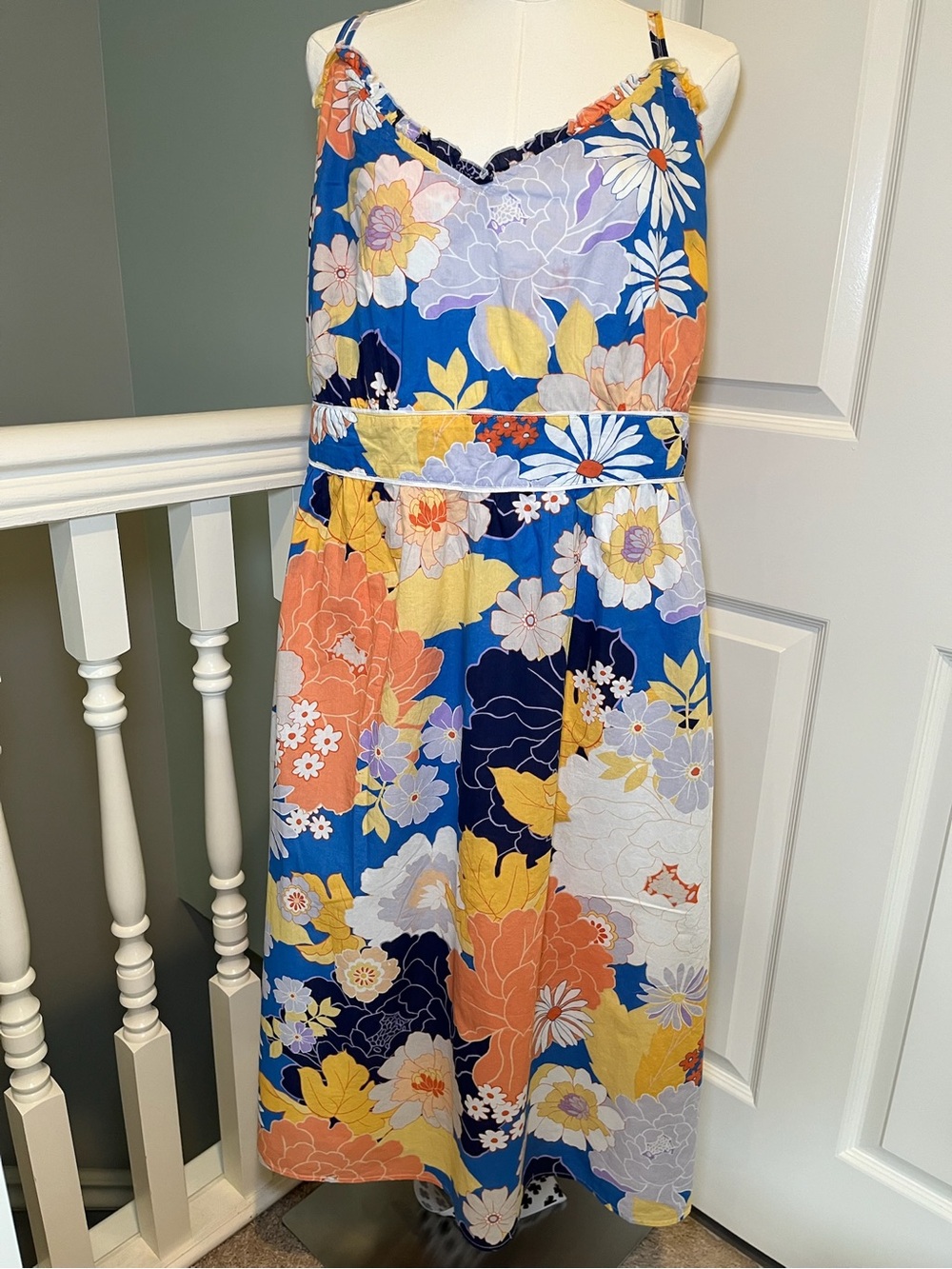 Fat Face Jayden Coastal Floral Midi Dress in Blue, Yellow Orange Tie Back Detail